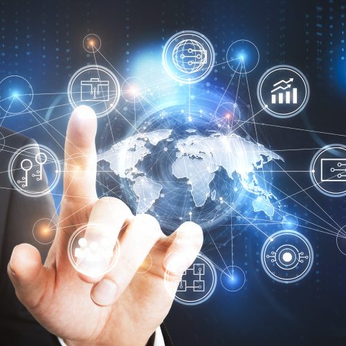 Hand pointing at digital business interface. Global business concept. 3D Rendering